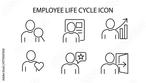 Editable employee life cycle icon set (not outlined), 線の編集ができる従業員のライフサイクルに関するアイコンセット（アウトライン化していない）