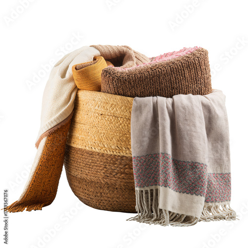 Cozy Woven Basket Filled With Soft Blankets and Throws in Warm Colors for Hom...