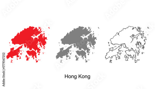 Hong Kong map set. Hong Kong map vector. Hong Kong map on red, gray, and outline