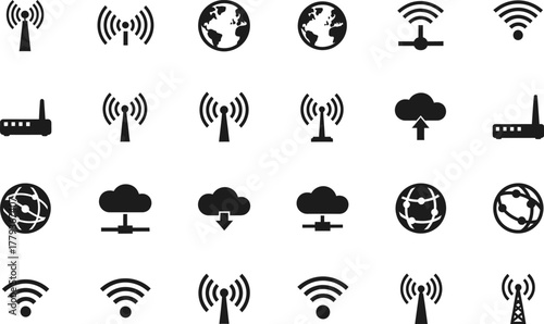 Collection of simple black icons representing wireless communication technology and global connectivity isolated on transparent background