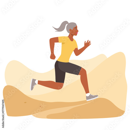 Senior woman jogging outdoors. Elderly lady on a morning run. Active older woman exercising by walking/jogging. Senior woman on morning. Elderly set