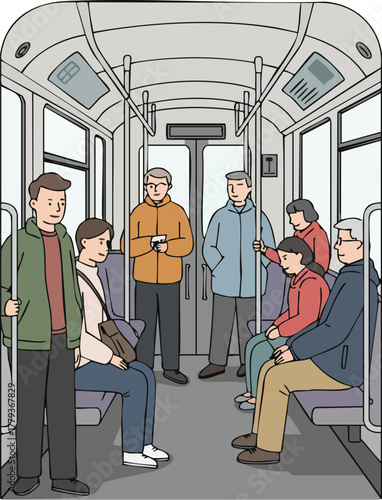 People riding on a public transportation vehicle with seats and handrails.
