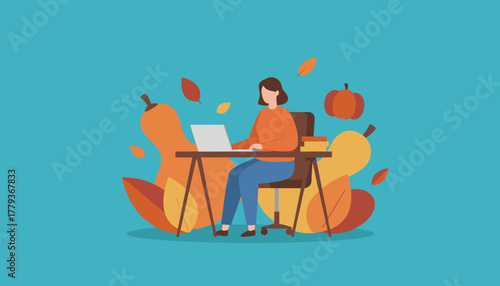 Fall remote work Woman on laptop surrounded by autumn leaves squash and pumpkins