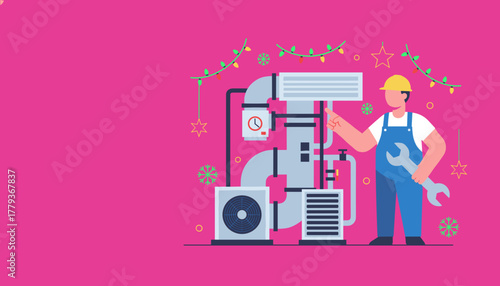 HVAC technician repairs industrial heating system during the holiday season Maintenance and service concept