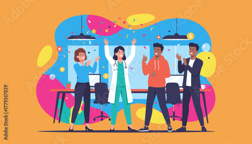 Doctor celebrates success with diverse cheering team Corporate medical achievement and bonus reward