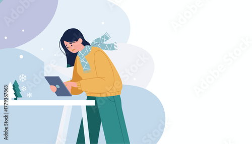 Worried woman using tablet during winter season Online shopping stress or connectivity trouble