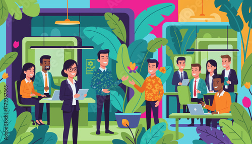 Diverse team collaborates in a vibrant sustainable modern office filled with tropical plants Vector illustration