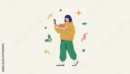 Festive character photographs Christmas dessert plate with smartphone Holiday food sharing illustration