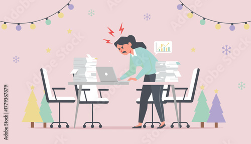 Overwhelmed employee working furiously at desk during busy holiday season