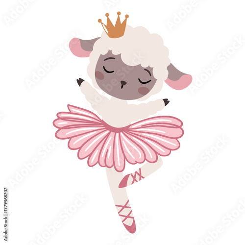 Flat vector illustration in a simple children's style on a white background. A cute sheep in a ballet tutu is dancing ballet. . Vector illustration