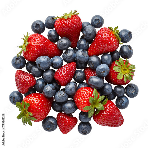 Fresh Red Strawberries and Blue Blueberries Arranged Beautifully on a White B...
