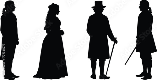 Historical silhouettes, vintage fashion, 18th century attire, Victorian style, cultural heritage, costume design, antique clothing, retro illustration, people figures, tradition