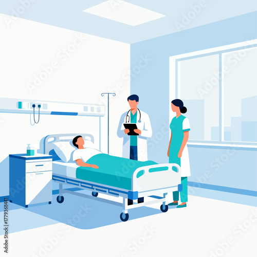 Vector doctor and nurse visiting patient in hospital room
