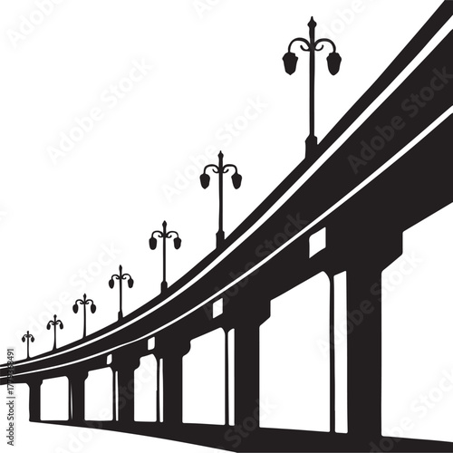  Perspective view of elevated highway with streetlights logo icon silhouette vector illustration