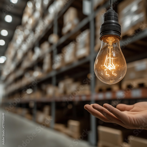 Hand holding glowing lightbulb above warehouse shelves stacked with cardboard boxes, symbolizing innovation, logistics efficiency, and intelligent supply chain management with futuristic planning icon