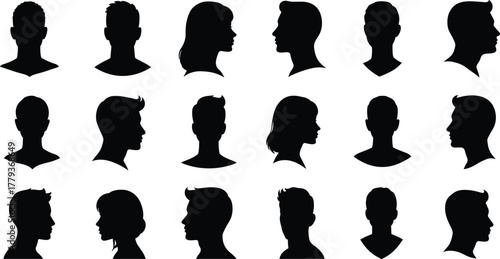 Human head silhouettes, male and female profiles, hairstyle variety, black vector design, identity concept, psychology study, fashion outline, people illustration, diversity