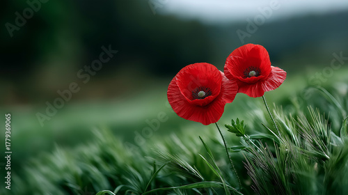 Scenic view of red poppies across a vast green field under calm skies, used as symbolic imagery for Armistice Day, peace, and honoring those who served during wartime.