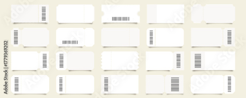 Collection of realistic blank mockup for ticket, coupon, voucher, boarding airplane, theatre or cinema seats. Vector design template