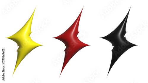 Glossy metallic spike shapes set – shiny abstract energy icons in yellow, red and black
