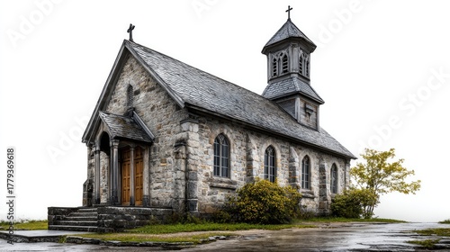 Historic Stone Church: A stately stone church stands tall, its weathered facade telling tales of time and faith. The architectural details, from its steeple to the arched windows.