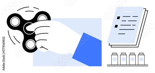 Hand spinning a fidget spinner, stack of documents with checklists, and medicine bottles. Ideal for stress management, focus, productivity, health, organization ADHD therapy. Clean simple flat