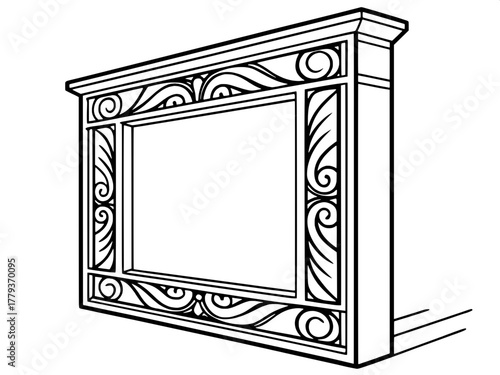 A minimalist black and white illustration of a classical picture frame, combining detailed Baroque motifs with clean modern line precision. The interior is empty, emphasizing the craftsmanship of the 