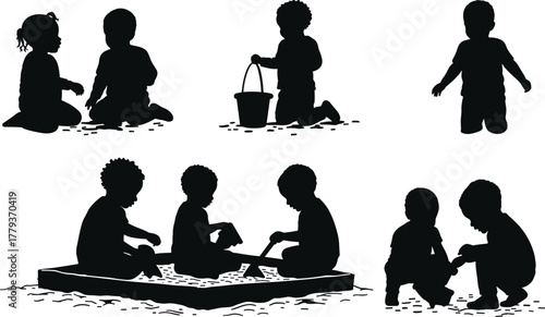 Children silhouettes playing in sandbox, kids interaction, teamwork, childhood fun, outdoor activity, social bonding, summer leisure, group play, friendship, cooperation,