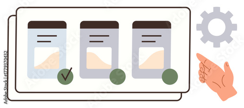 Task selection panels with progress icons, a checkmark for completed items, a clicking hand, and a gear for settings. Ideal for task tracking, workflow, productivity, interface design, process