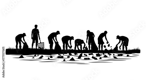 Silhouettes of workers digging and collecting rocks by the riverbank  