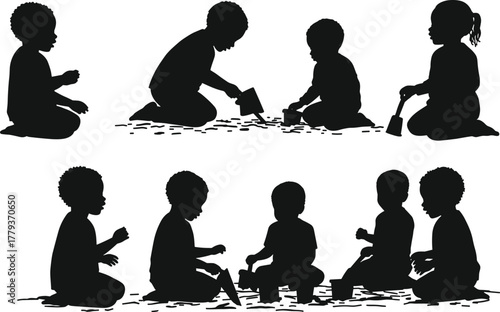 Silhouette children playing outdoors, kids sitting kneeling with toys, childhood activity, group playtime, sandbox fun, teamwork, learning, development,