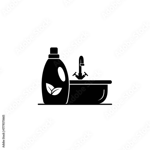 Black and white illustration of a sink and detergent bottle  