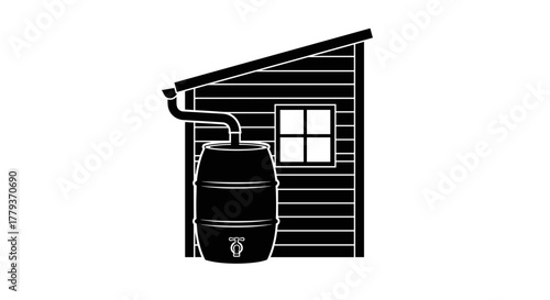 Rain barrel next to wooden shed, simple design, black and white colors