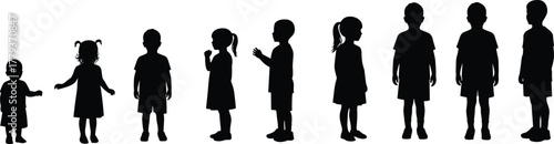 Children, Kids, Growth, Age, Stages, Development, Progression, Height, Childhood, Youth, Boy, Girl, Family, Human, People, Line, Row, Silhouette, Vector, Illustration