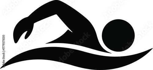 Vector black silhouette of a person swimming freestyle stroke in water, isolated on white background