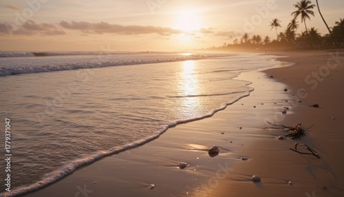 Golden Sunset on a Tropical Beach with Gentle Waves.