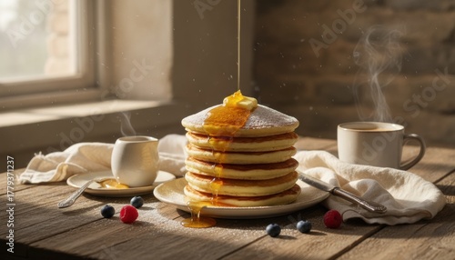 Golden Syrup Cascading Over a Stack of Fluffy Pancakes on a Rustic Wooden Table.
