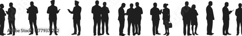Silhouette people standing in line, diverse human figures, group communication, teamwork concept, business crowd, waiting queue, modern lifestyle, social interaction, minimal illustration design