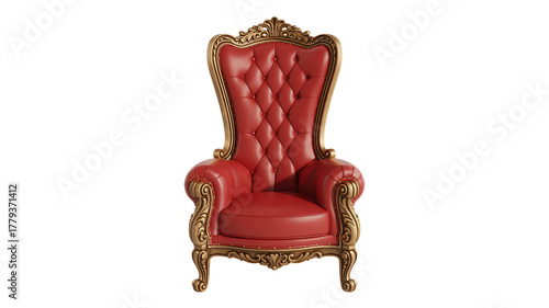 Luxurious red leather throne chair with ornate gold trim and tufted back, exuding opulence and regal grandeur for exclusive decor