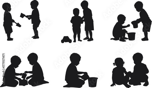 Children silhouettes playing together, kids interaction activities, childhood friendship bonding, outdoor playtime cooperation, teamwork learning, social development, happy childhood moments