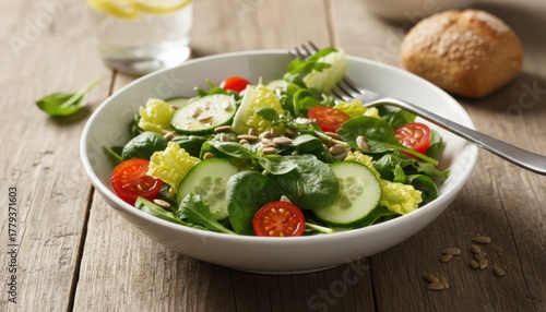 Healthy green vegetable salad with fresh tomatoes and cucumber on a rustic wooden table.