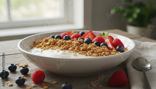 Healthy breakfast bowl with granola, berries, and yogurt on a table.