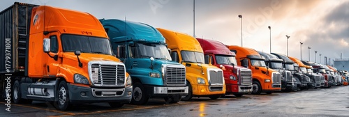 Semi Truck Convoy. Lined Up Cargo Trucks in Logistics Warehouse Parking Lot