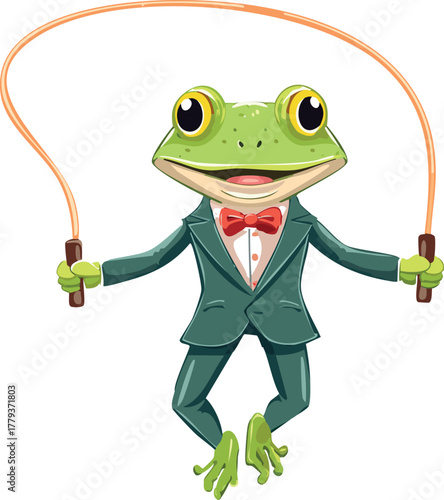 a frog in formal attire jumping rope