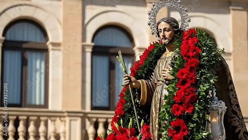 Religious procession float featuring a statue of Saint Joseph adorned with red roses.