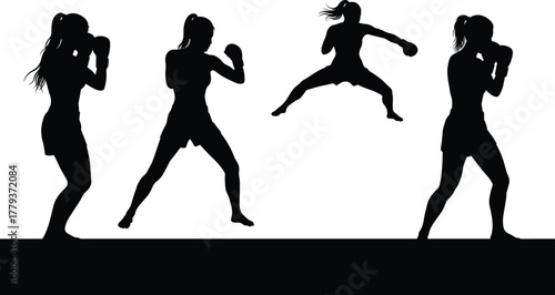 Silhouette martial arts poses, boxing stance, kickboxing fighter training, combat sports movement, self defense action, karate jump kick, 