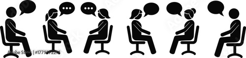 Silhouette figures in conversation, people talking at tables, communication and discussion icons, black and white design, dialogue and teamwork concept