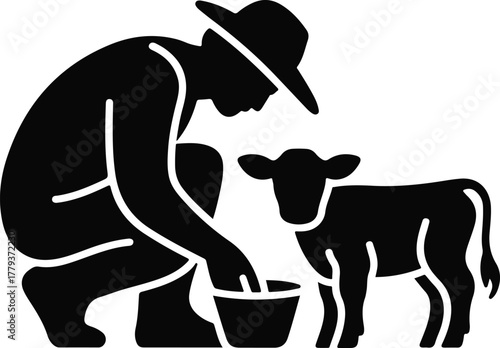 Vector farmer feeding a calf from a bucket, isolated on white background