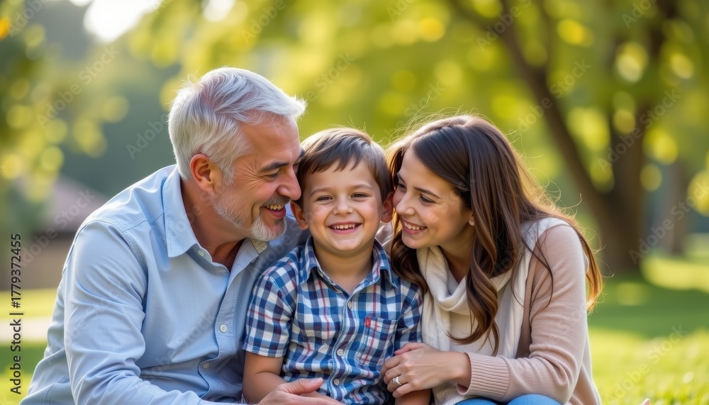 Fototapeta premium Family Outdoor Adventure Parents Looking at Their Joyful Child in a Sunny Park Capturing Cherished Moments