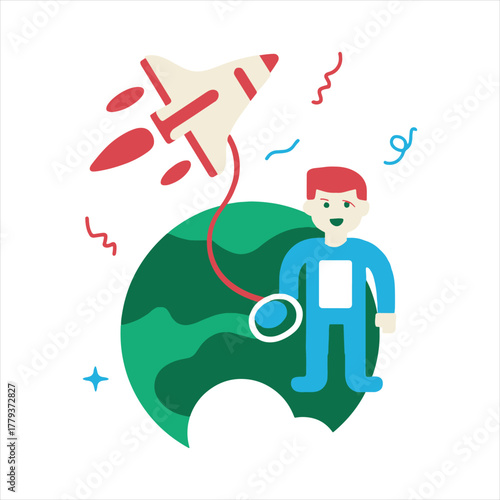 Astronaut standing on world with rocket launching into cosmos isolated on white background