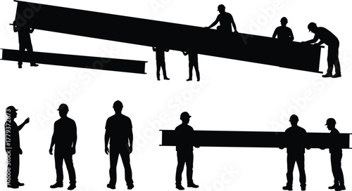 Construction workers silhouettes handling heavy steel beams, teamwork collaboration in industrial site, labor safety coordination, building industry workforce, structural engineering effort,